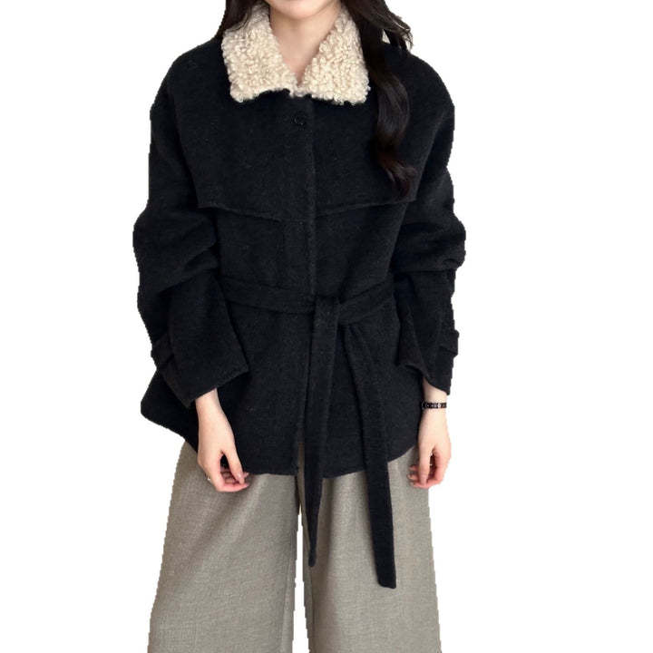 Women's coat with faux sheepskin details, lined