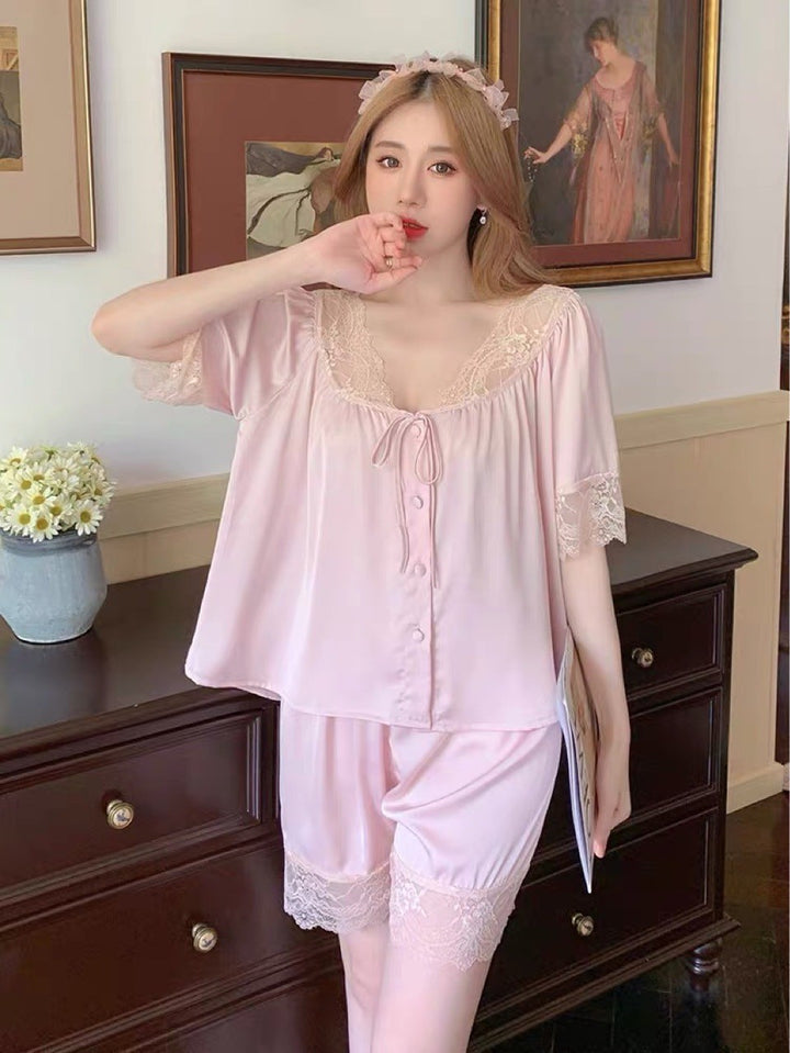 Women's pajama set with lace trim