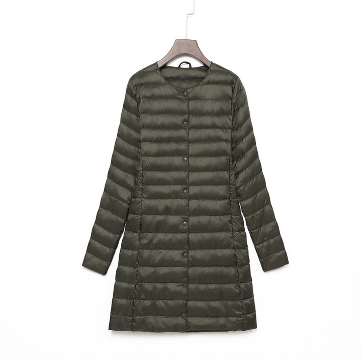 Light women's down jacket, mid-length, with button placket
