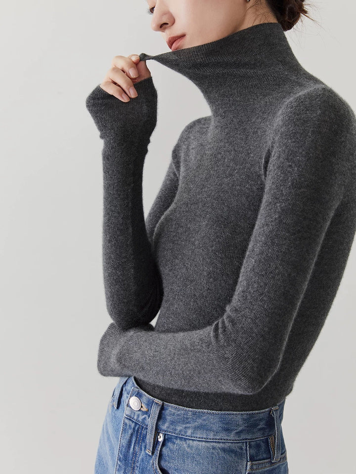 Women's cashmere sweater with stand-up collar, seamless