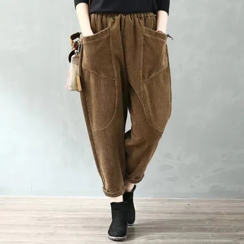 Fleece-lined cord harem pants with elastic waistband