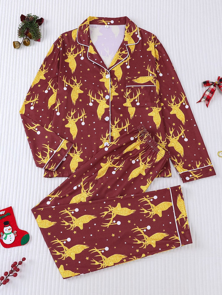 Ladies' loungewear, long-sleeved, with golden reindeer print