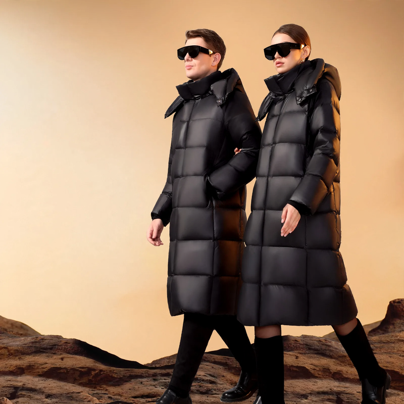 Long unisex down jacket with 95% white goose down filling