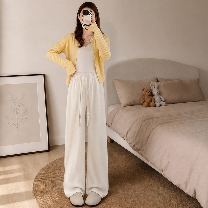 Padded chenille wide-leg trousers with high waist