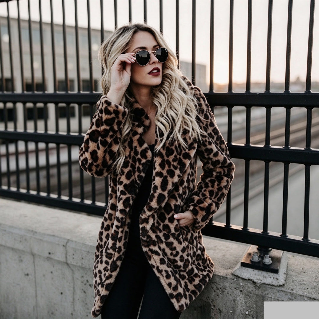 Women’s faux fur coat with leopard pattern and lapels
