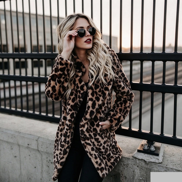 Women’s faux fur coat with leopard pattern and lapels
