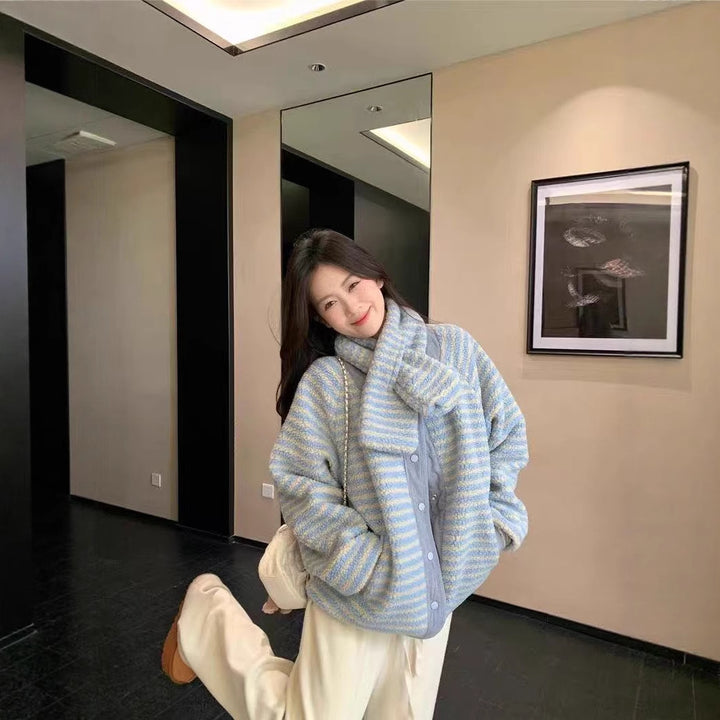 Reversible striped plush jacket, loose fit