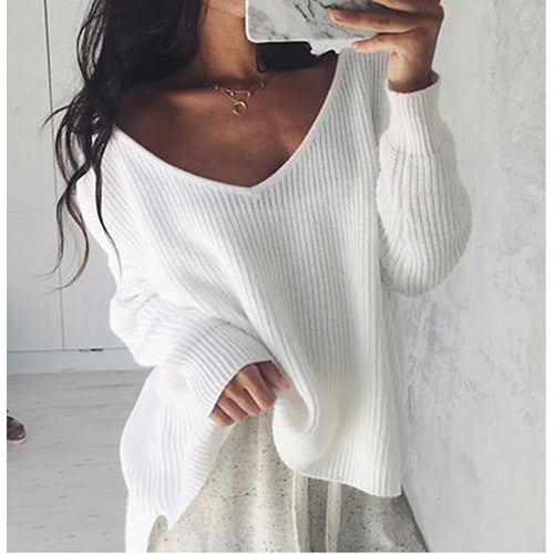 Casual oversized pullover for women with asymmetrical cut and deep round neckline Amarae