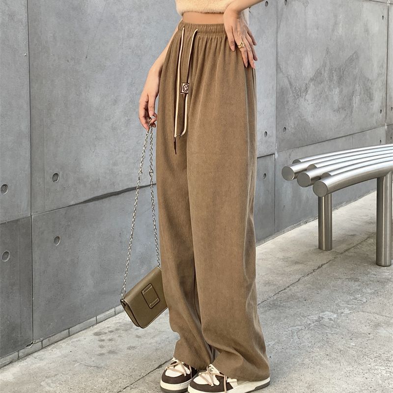 Cord-wide pants for women, high waist with drawstring