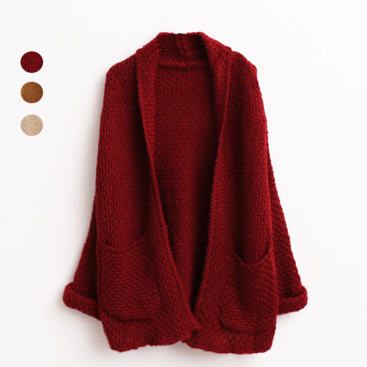 Chunky knit cardigan for women with raw edges and practical pockets Lune London