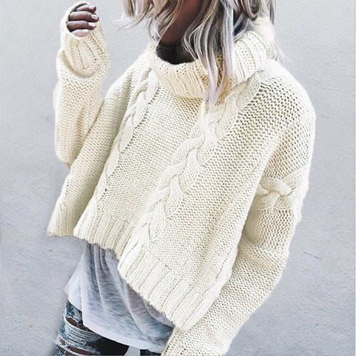 Chunky knit sweater for women with a high collar and strategically placed relief patterns.