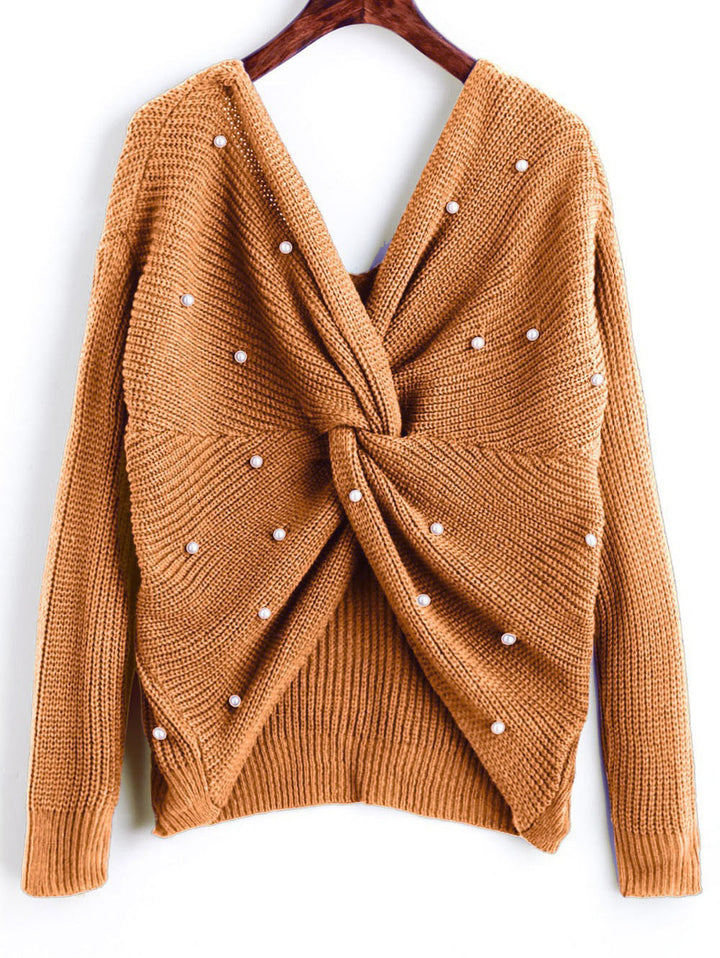 Draped design knitted sweater for women with beaded details Lune Londonl