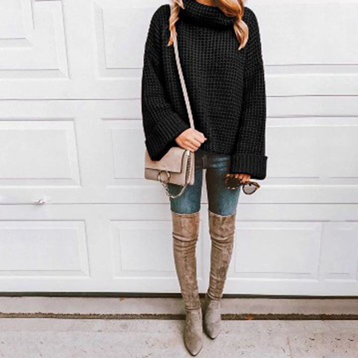 Chunky knit sweater for women with oversized sleeves and a high collar Lune London