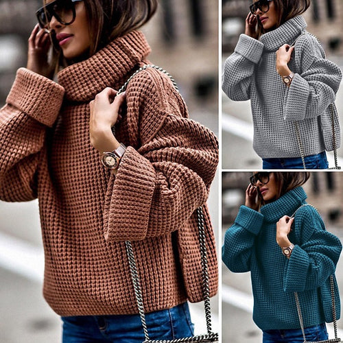 Chunky knit sweater for women with oversized sleeves and a high collar Amarae