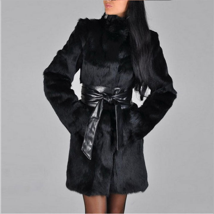Ladies Elegant Faux Fur Coat with Belt Lune London