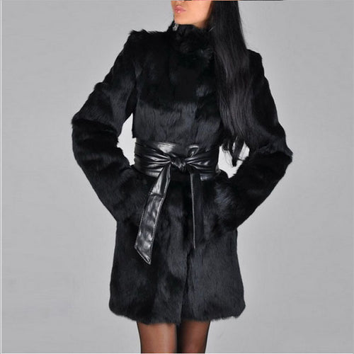 Ladies Elegant Faux Fur Coat with Belt Amarae