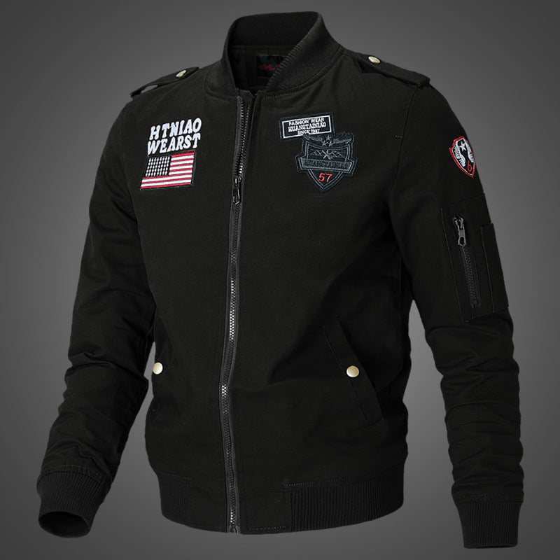 Lune London men's military pilot jacket with embroidered patches