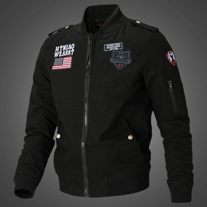 Lune London men's military pilot jacket with embroidered patches