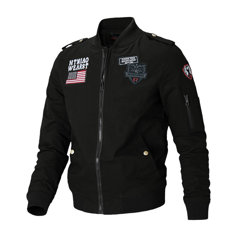 Lune London men's military pilot jacket with embroidered patches
