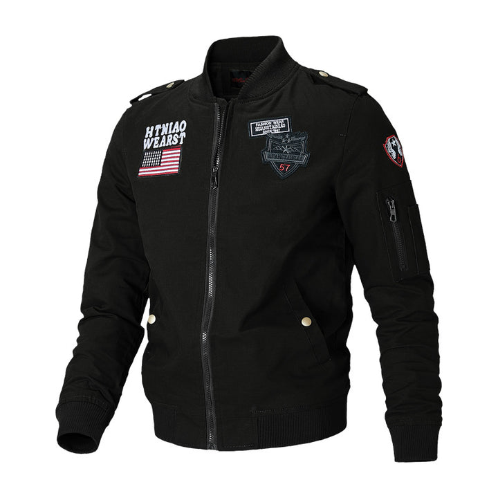 Lune London men's military pilot jacket with embroidered patches
