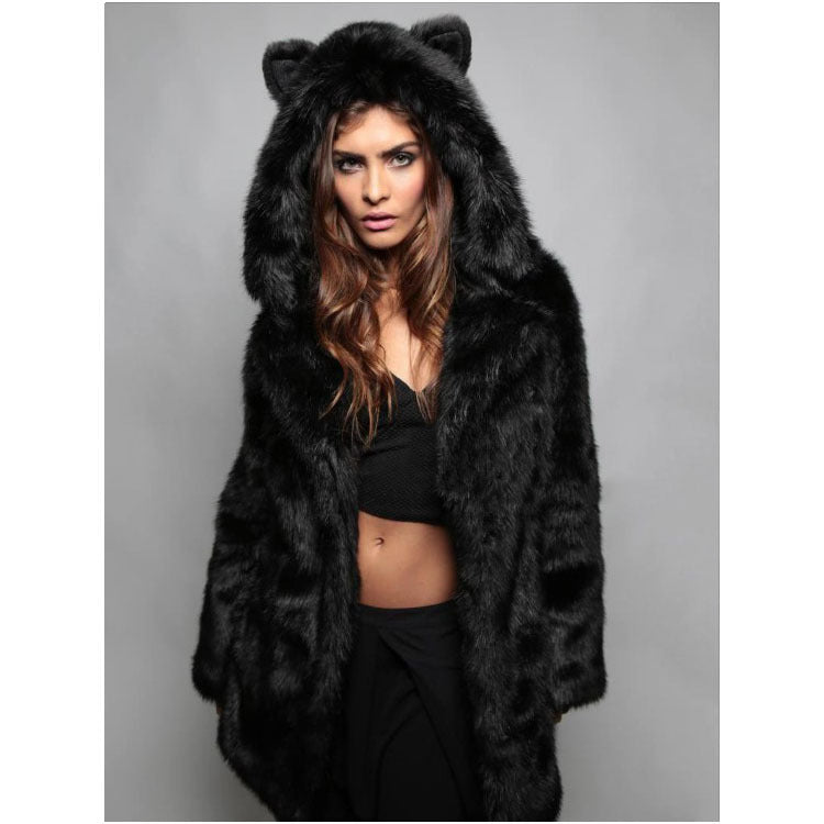Ladies Cozy Fur Coat with Hood and Cat Ears Lune London