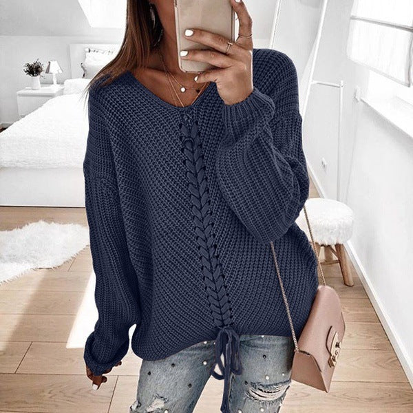 Chunky knit sweater for women with romantic lace-up details and a relaxed fit Lune London