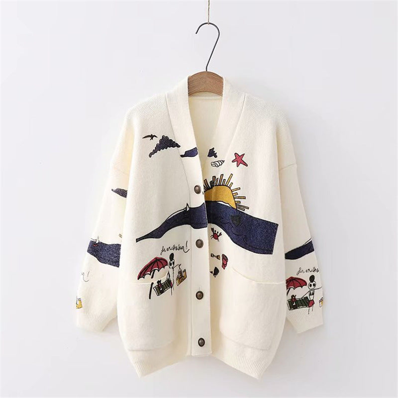 Women playful cardigan with colorful appliqués and large pockets Lune London