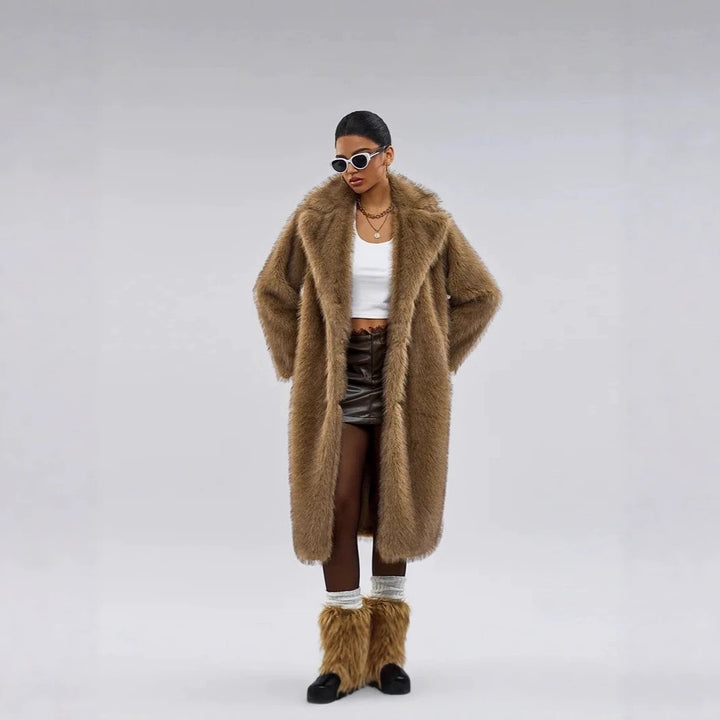 Long faux fur coat with lapels for women