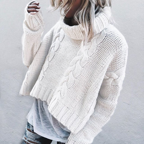 Thick knitted sweater for women with high collar and cable knit pattern Amarael