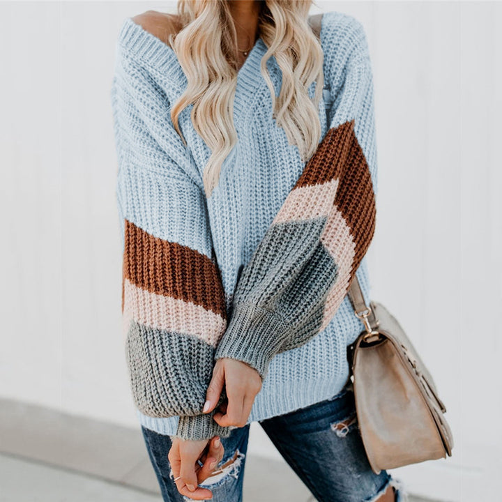 Chunky knit round neck sweater for women with a modern color block design Amarae