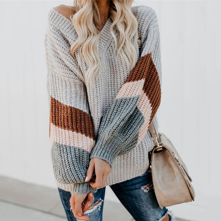 Chunky knit round neck sweater for women with a modern color block design Amarae