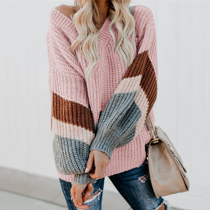 Chunky knit round neck sweater for women with a modern color block design Amarae