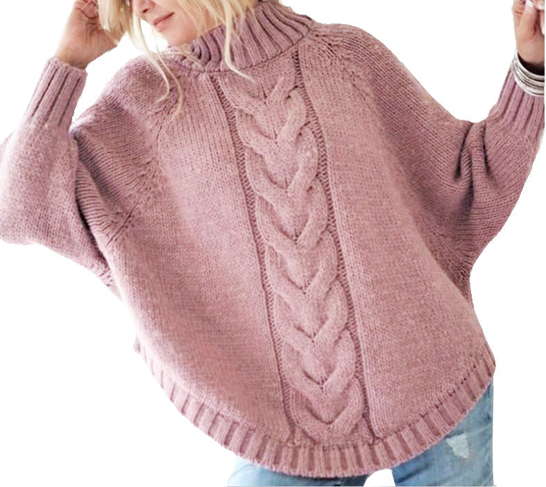 Thick knitted sweater for women with a high collar and decorative braided pattern Lune London