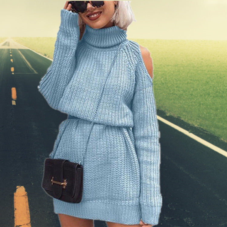 Knitted dress for women with an innovative design featuring off-the-shoulder and a high collar Lune London