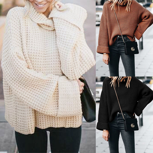 Chunky knit sweater with high collar and voluminous sleeves for ladies Amarae