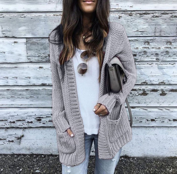 Casual knitted jacket for women with large pockets and open edges Lune London