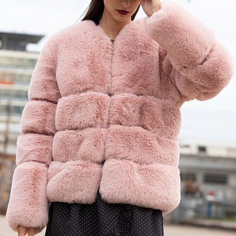 Ladies Fashion Faux Fur Jacket with Voluminous Puffed Sleeves and a Neck Closing Design Lune London