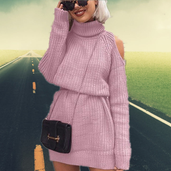 Knitted dress for women with an innovative design featuring off-the-shoulder and a high collar Lune London