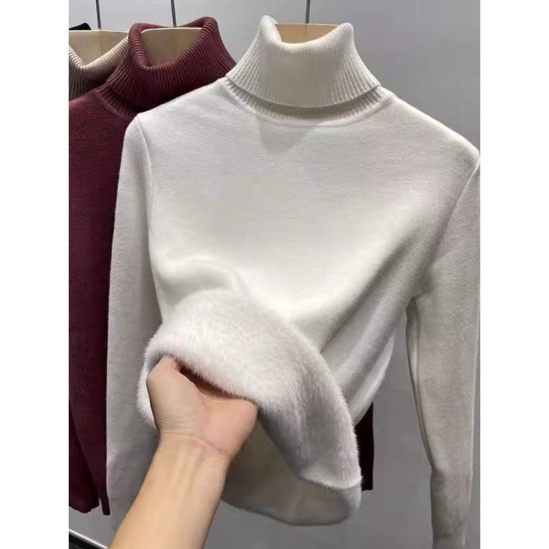Women's knitted pullover with inner fleece, high collar
