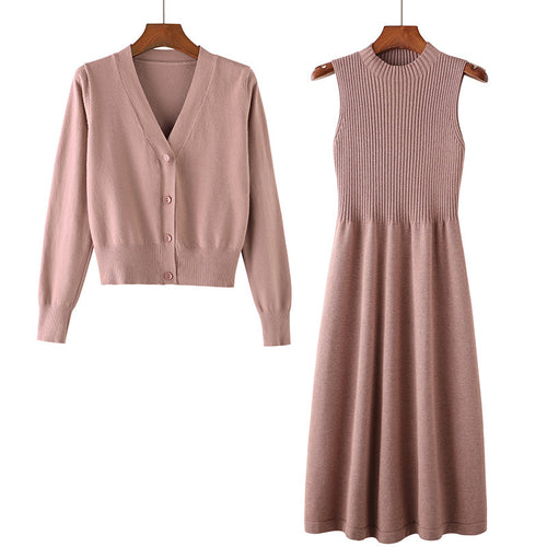 Knit dress for women with matching cardigan and ribbed structure Amarae