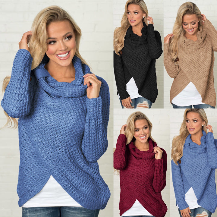 Ladies soft knit pullover with high collar and decorative buttons Lune London
