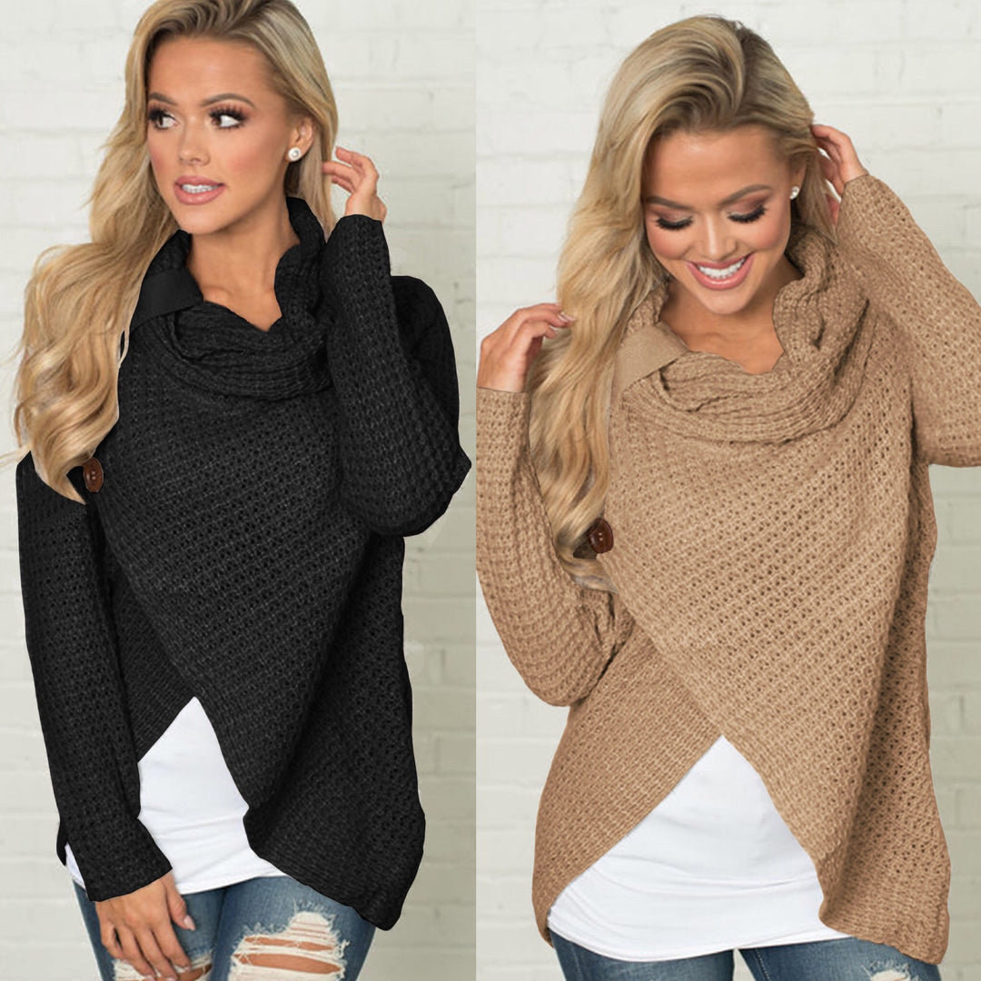 Ladies soft knit pullover with high collar and decorative buttons Lune London
