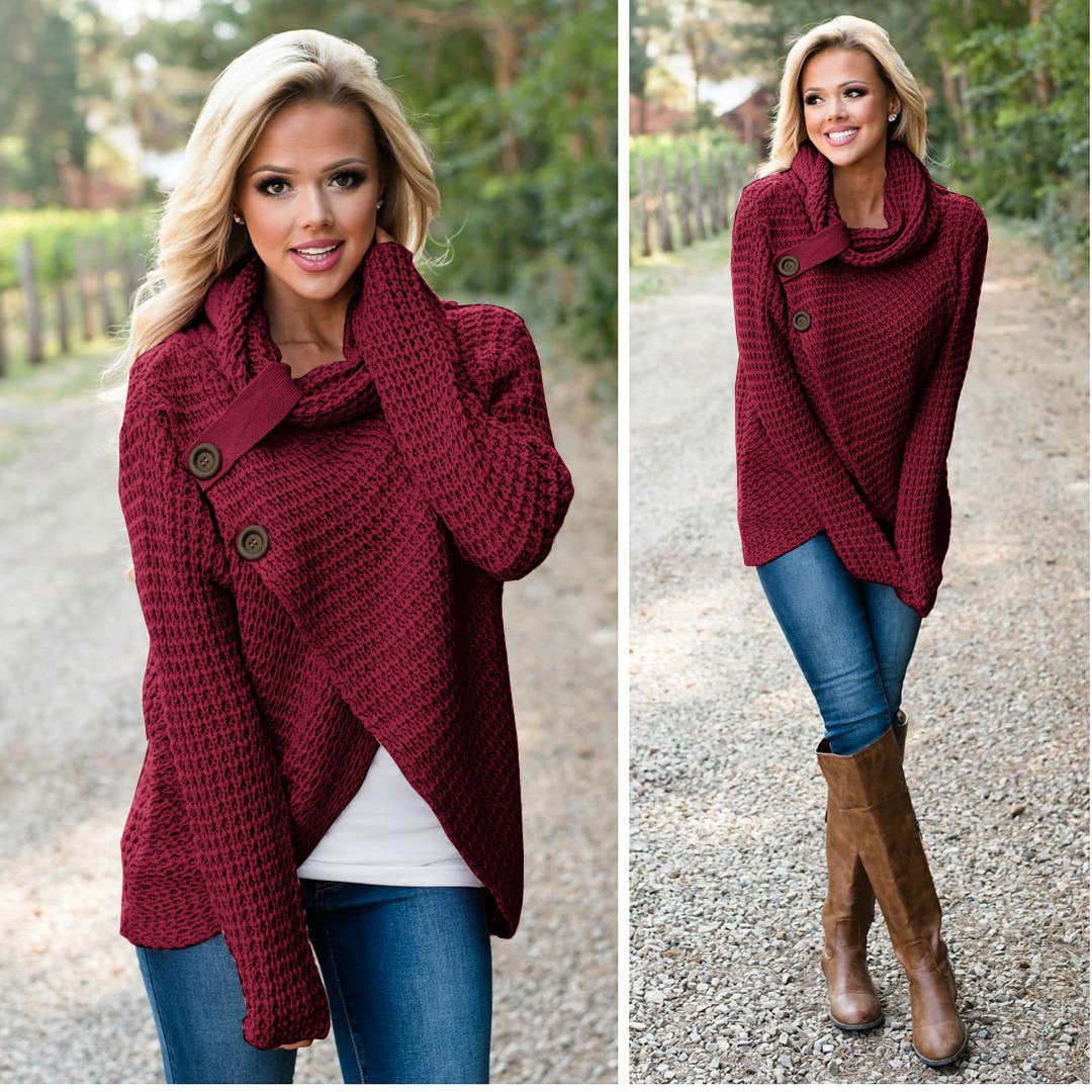 Ladies soft knit pullover with high collar and decorative buttons Lune London