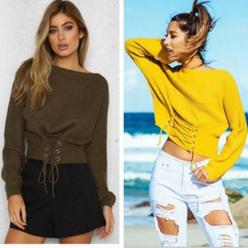 Casual knitted pullover for women with a deep V-neck and a decorative lace Amarae