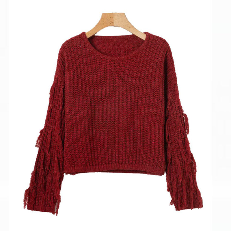 Chunky knit jumper for women with fringe sleeves Lune London