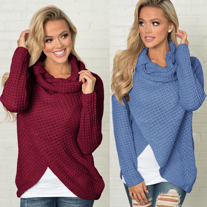 Ladies soft knit pullover with high collar and decorative buttons Lune London