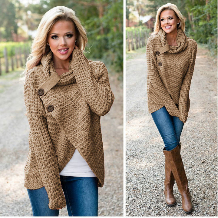 Ladies soft knit pullover with high collar and decorative buttons Lune London