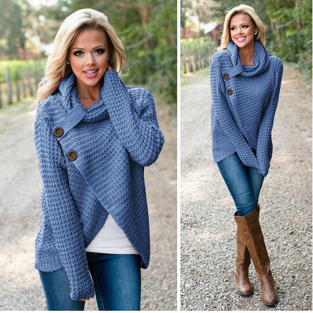 Ladies soft knit pullover with high collar and decorative buttons Lune London