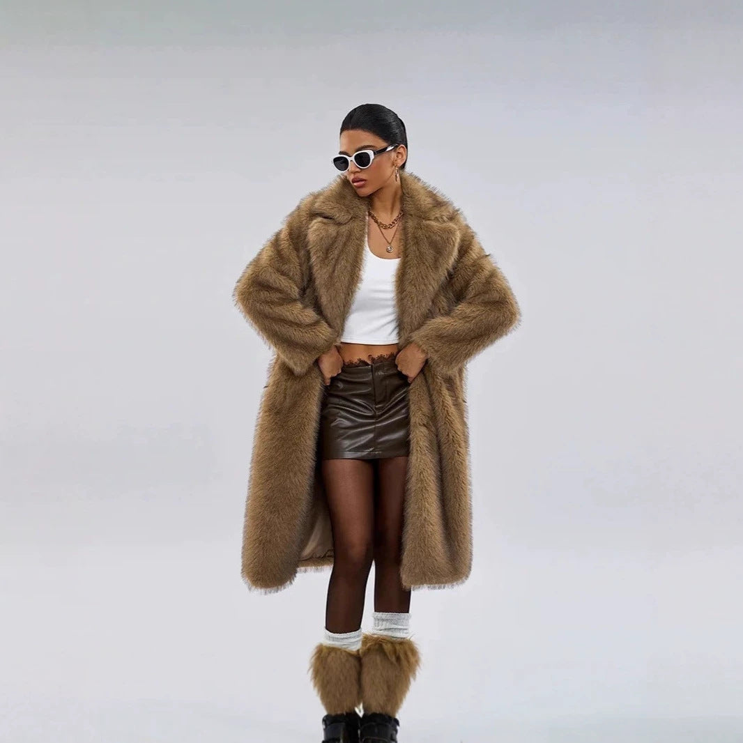 Long faux fur coat with lapels for women