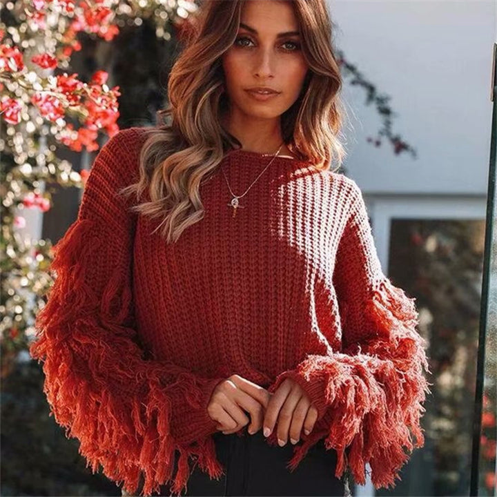 Chunky knit jumper for women with fringe sleeves Lune London